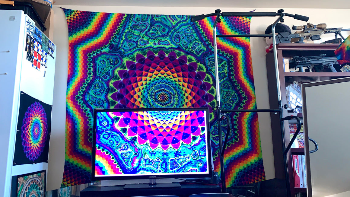 “SG12 The Cosmic Gate” 80" x 80" XL Tie Dye Tapestry w/ Tie Loops - Rainbow Honeycomb & Mandala w/ Neon Geodes