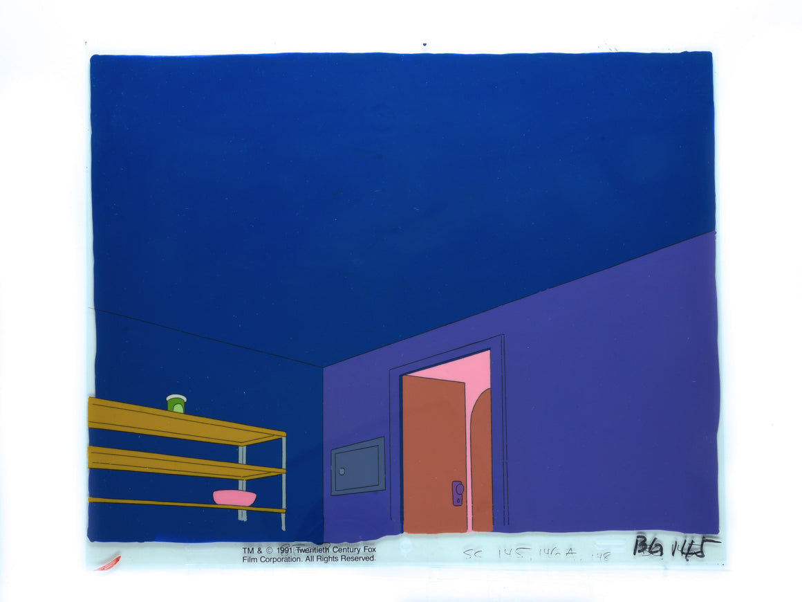 The Simpsons - Homer in the garage wearing a cardigan- Key Master Setup Production Cel w/ Original Background