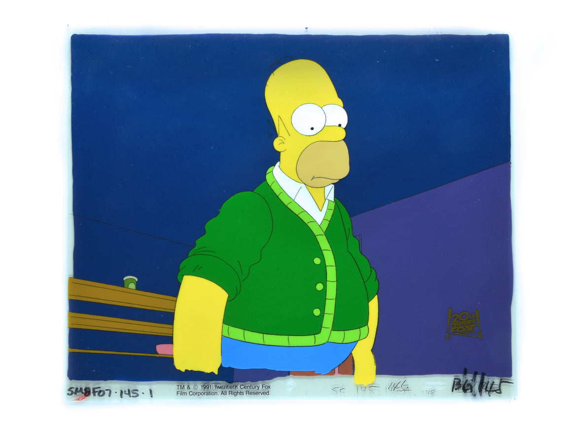 The Simpsons - Homer in the garage wearing a cardigan- Key Master Setup Production Cel w/ Original Background