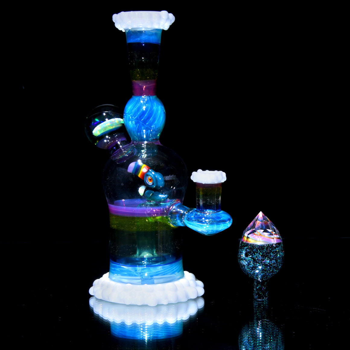 Rainbow & Clouds Meta-Terrania Banger Hanger w/ Sculpted Toucan and Faceted Crushed Opal Cap - 10mm Female