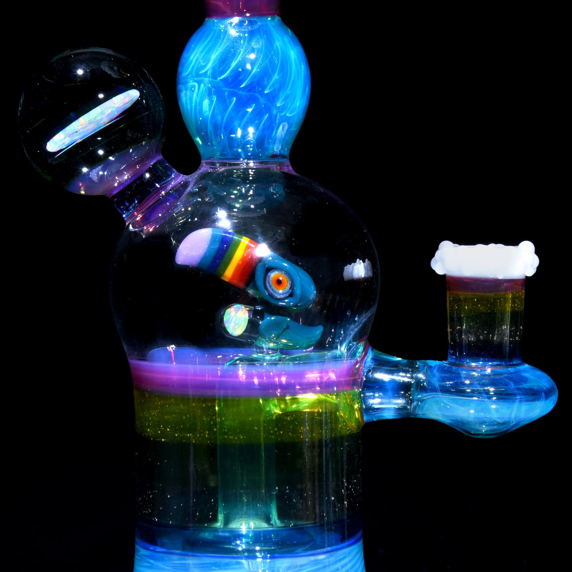 Rainbow & Clouds Meta-Terrania Banger Hanger w/ Sculpted Toucan and Faceted Crushed Opal Cap - 10mm Female