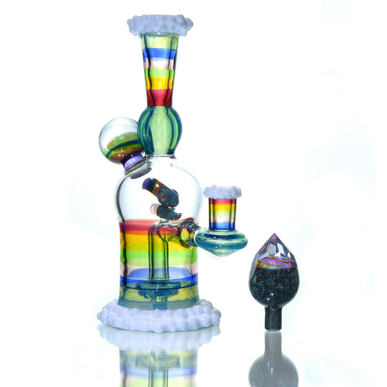 Rainbow & Clouds Meta-Terrania Banger Hanger w/ Sculpted Toucan and Faceted Crushed Opal Cap - 10mm Female