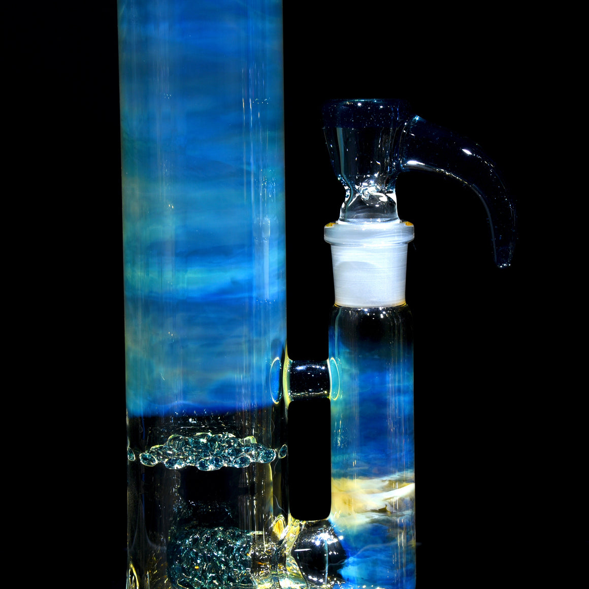 UV Reactive Fully-fumed & Accented 50mm Nautilus Straight Tube w/ 3-hole Horned Slide - Atomic Blue Stardust - 18mm Female