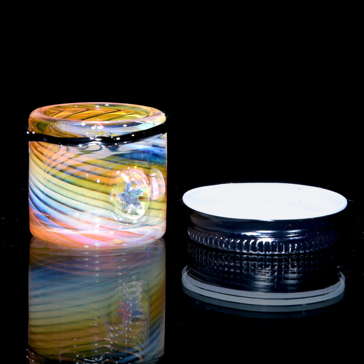 Lidded Airtight Baller Jar - Rainbow Fume Spiral w/ Star Opal