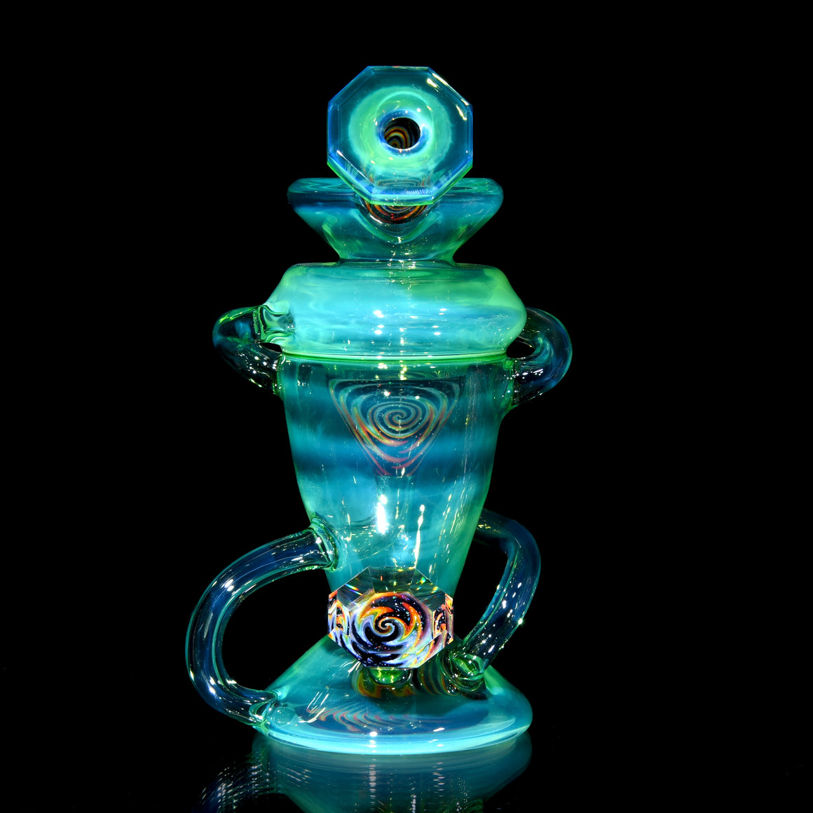 Faceted Double-uptake Refined Klein Recycler - Lime Drop over Moonstone/Crushed Opal Linework - 10mm Female