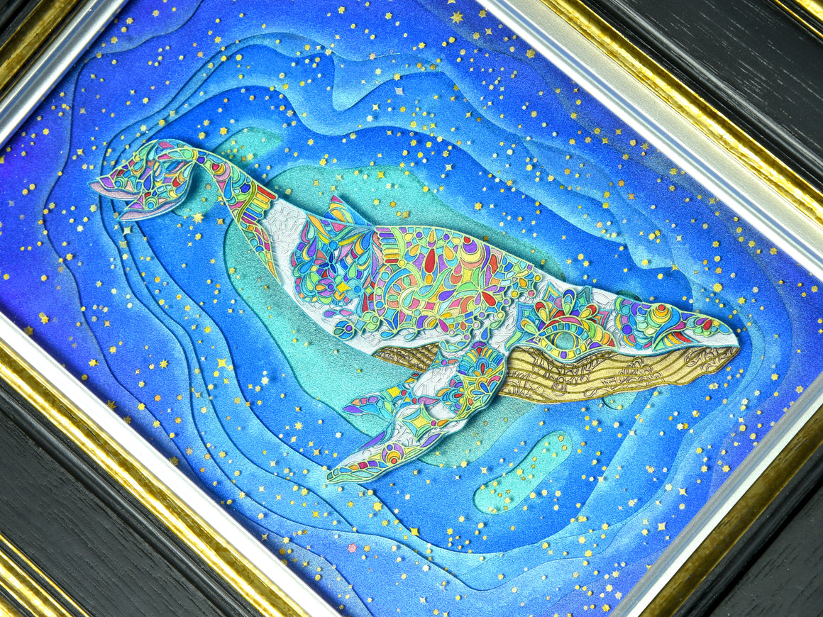 "True Form - White Whale" Coldworked Borosilicate Glass Scenery Panel w/ Custom Framing