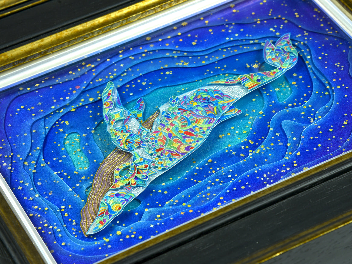 "True Form - White Whale" Coldworked Borosilicate Glass Scenery Panel w/ Custom Framing