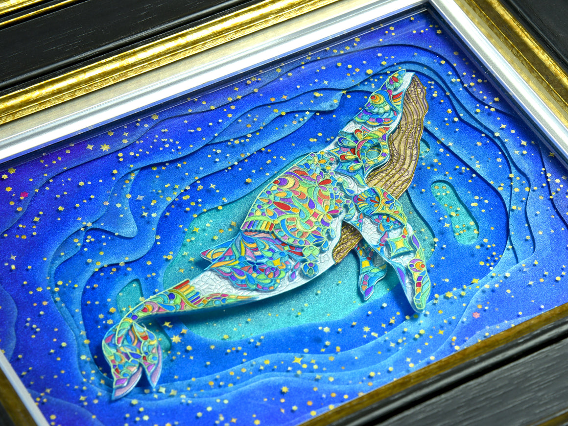 "True Form - White Whale" Coldworked Borosilicate Glass Scenery Panel w/ Custom Framing