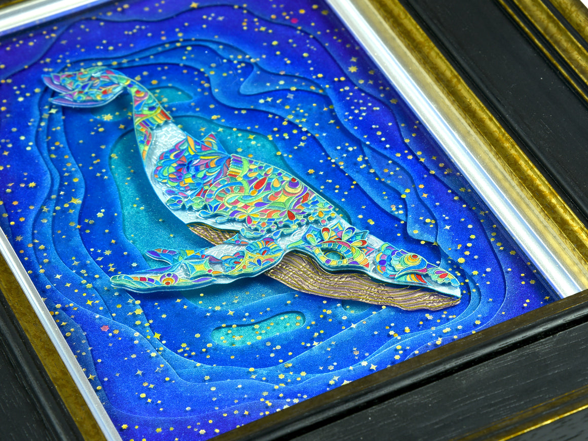 "True Form - White Whale" Coldworked Borosilicate Glass Scenery Panel w/ Custom Framing