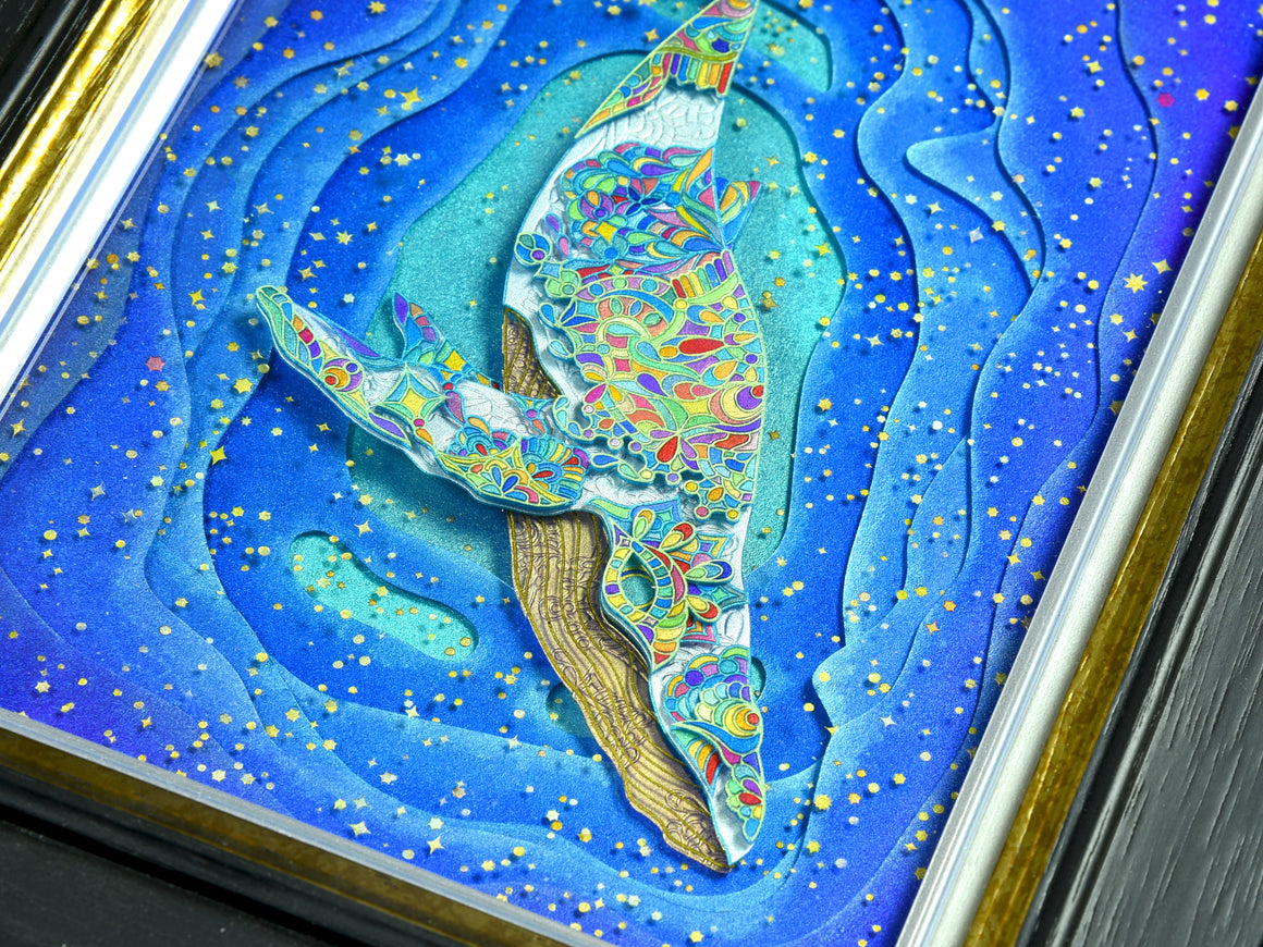 "True Form - White Whale" Coldworked Borosilicate Glass Scenery Panel w/ Custom Framing