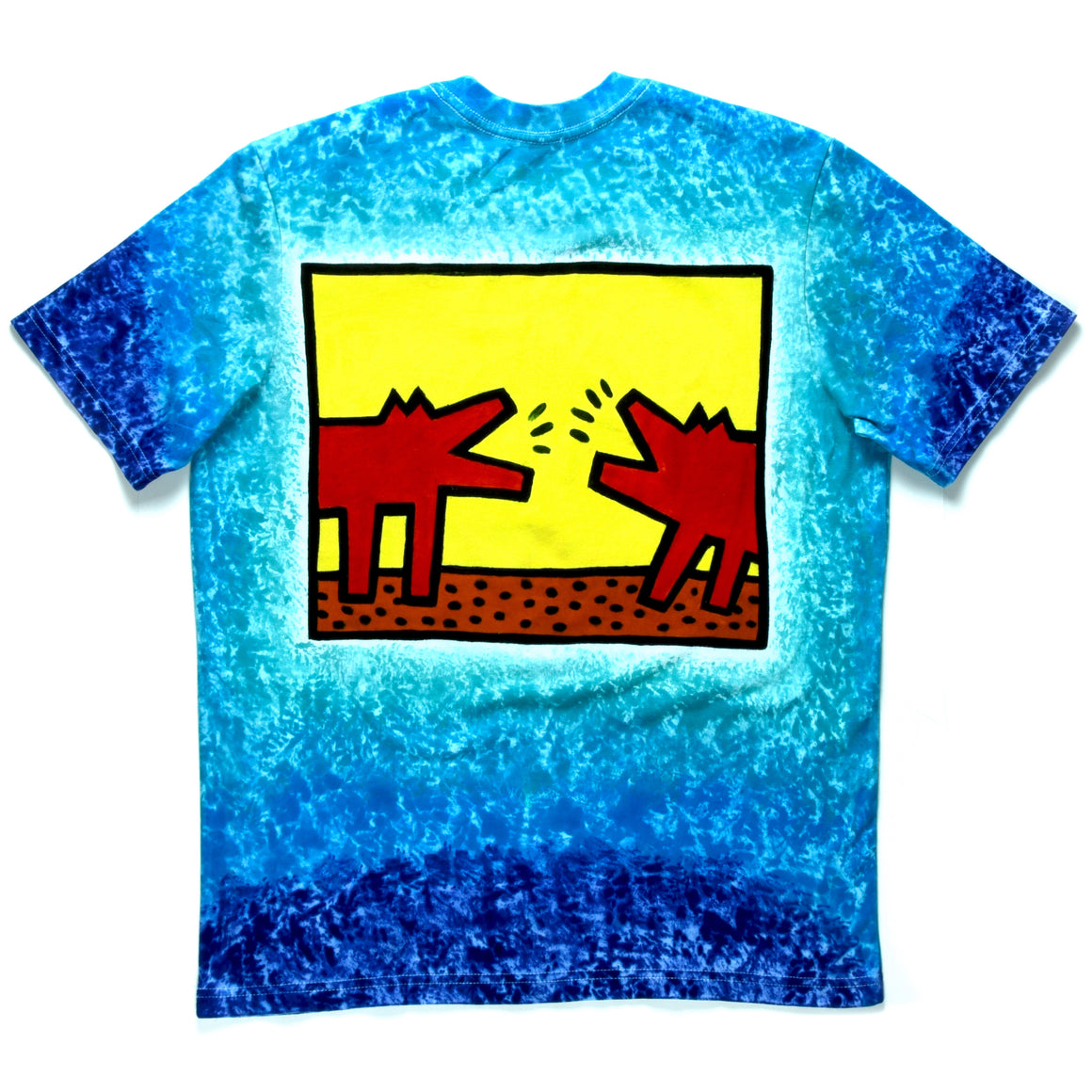 M - Hand-dyed T-Shirt - Keith Haring Dancing Men & Barking Dogs