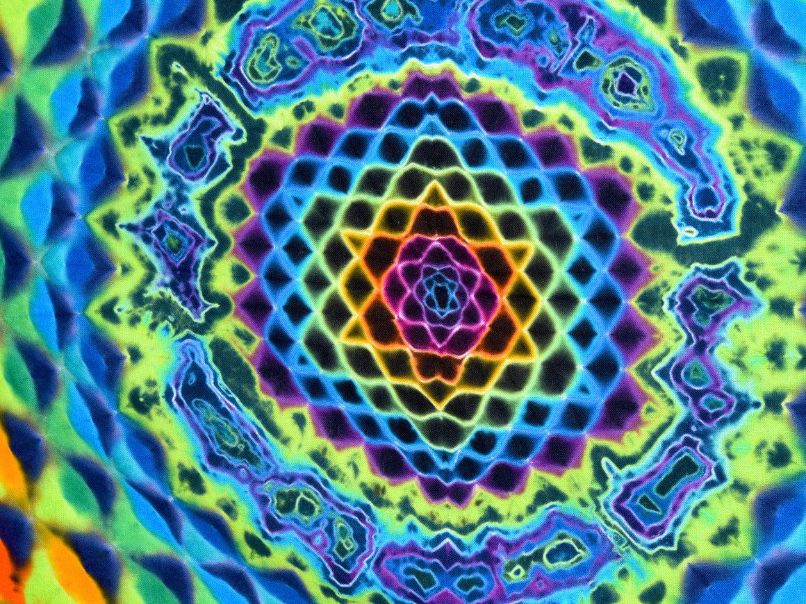 “SG12 The Cosmic Gate” 80" x 80" XL Tie Dye Tapestry w/ Tie Loops - Rainbow Honeycomb & Mandala w/ Neon Geodes