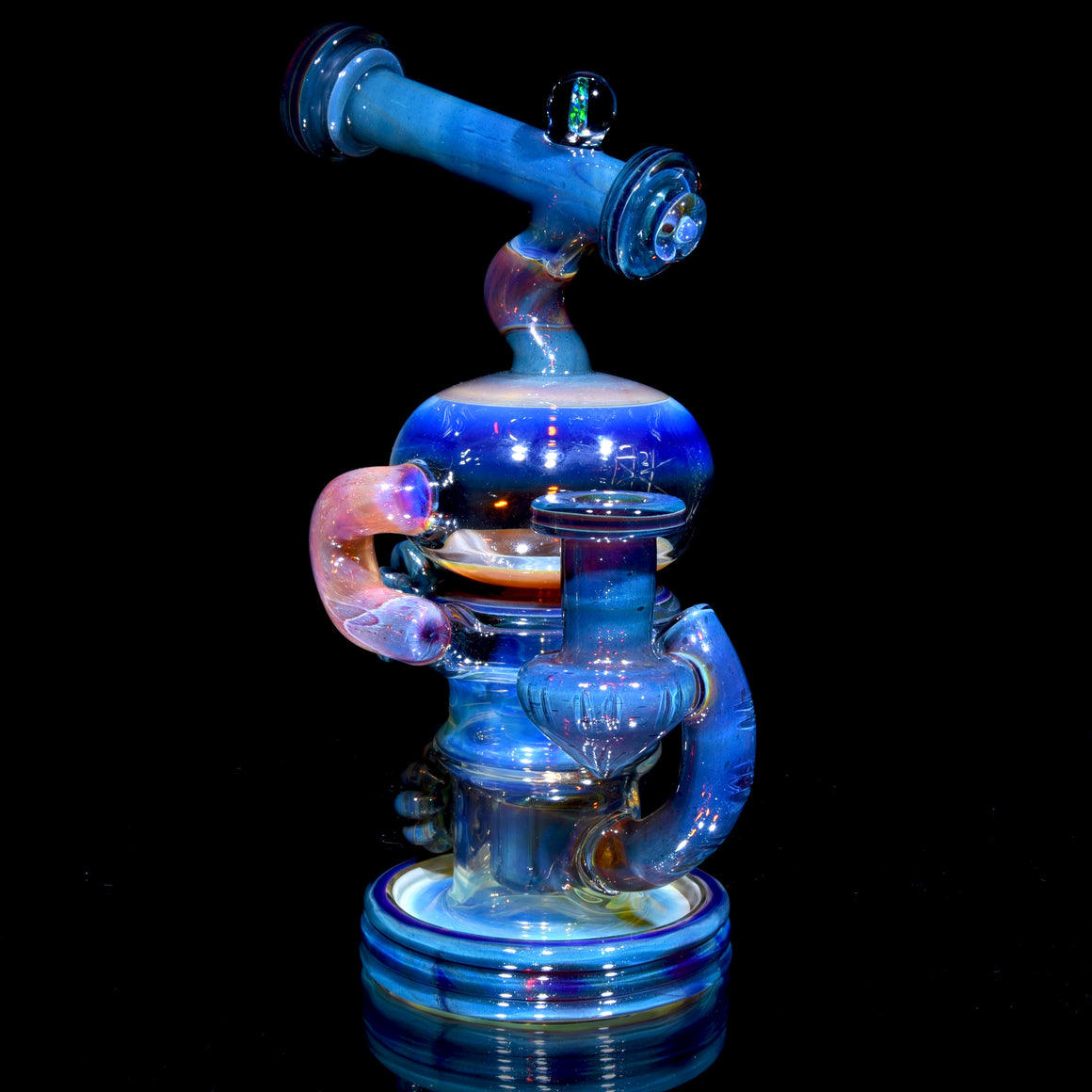 24K Gold-Fumed & Carved Orbital Recycler - Blue Stardust over Mai Thai - 14mm Female