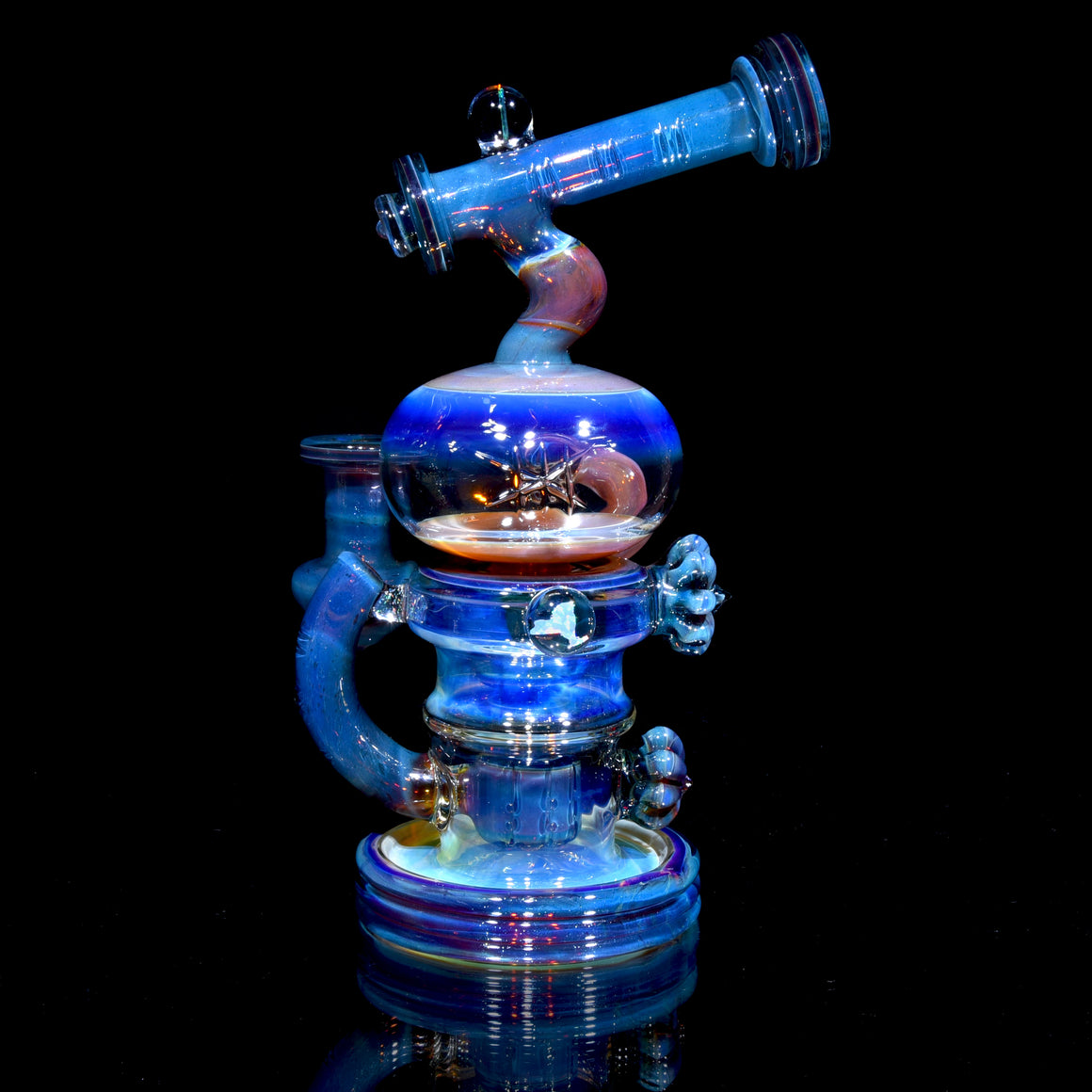 24K Gold-Fumed & Carved Orbital Recycler - Blue Stardust over Mai Thai - 14mm Female