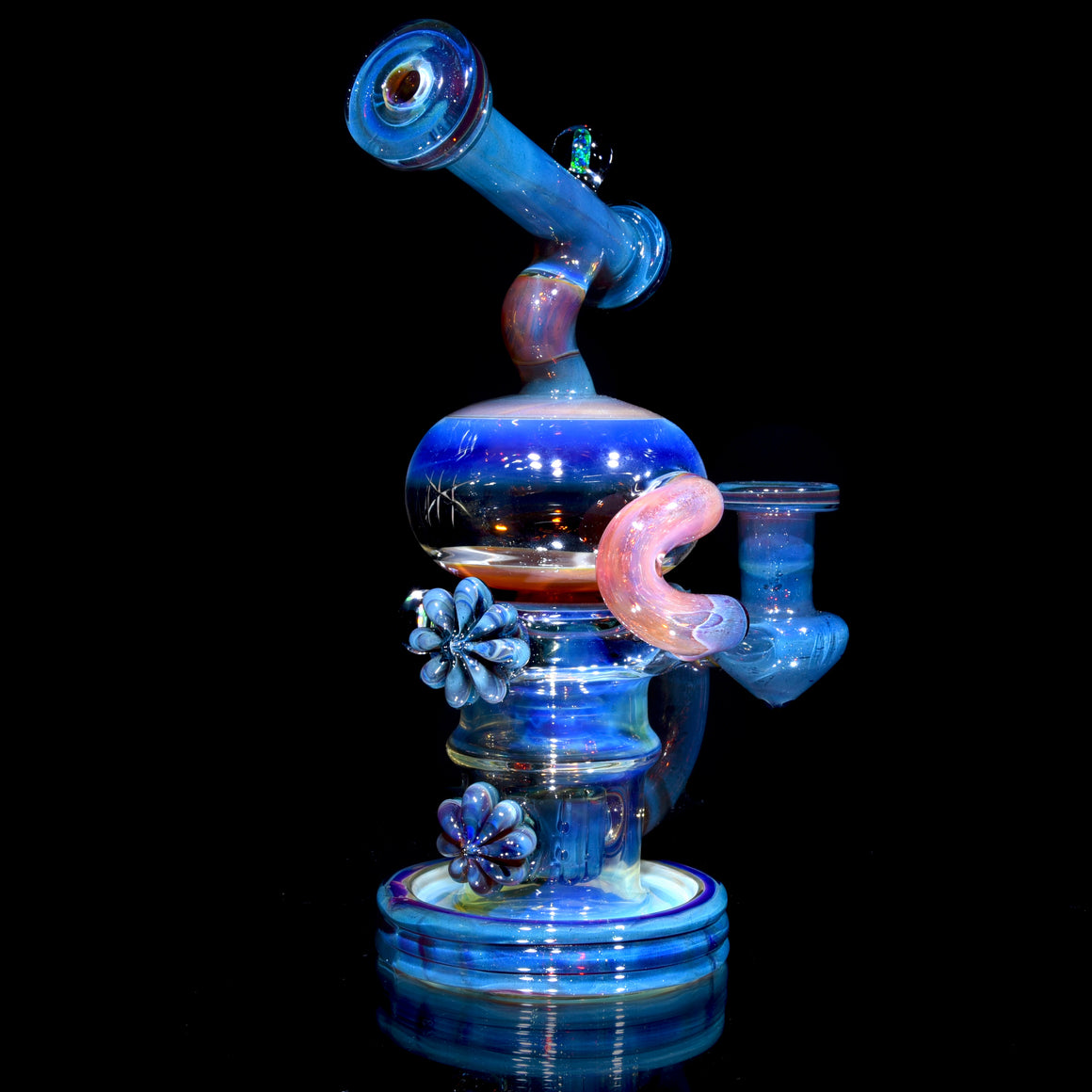 24K Gold-Fumed & Carved Orbital Recycler - Blue Stardust over Mai Thai - 14mm Female