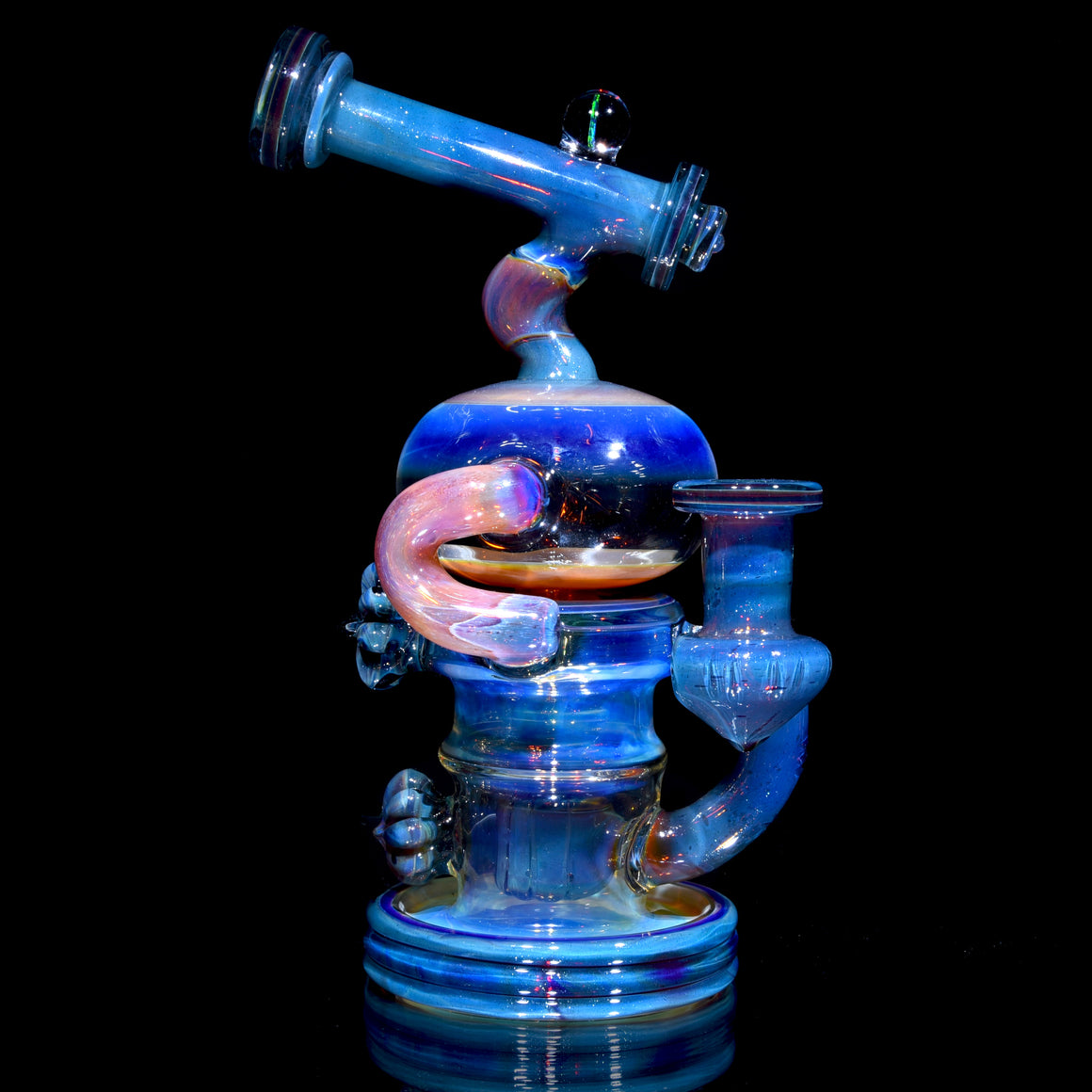 24K Gold-Fumed & Carved Orbital Recycler - Blue Stardust over Mai Thai - 14mm Female