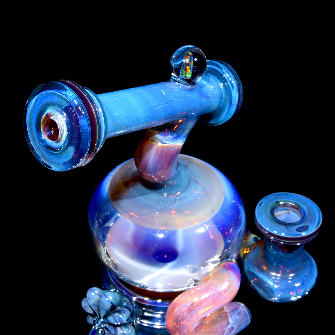 24K Gold-Fumed & Carved Orbital Recycler - Blue Stardust over Mai Thai - 14mm Female