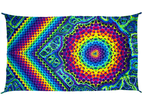 “Quantum” 55" x 32" Tie Dye Tapestry w/ Tie Loops - Rainbow Honeycomb & Dodecahedron Mandala w/ Neon Geodes