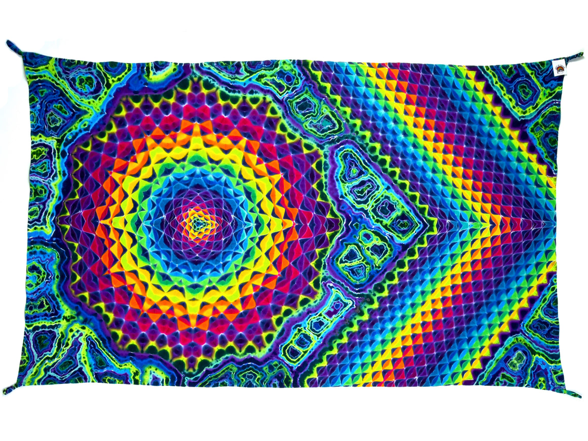 “Quantum” 55" x 32" Tie Dye Tapestry w/ Tie Loops - Rainbow Honeycomb & Dodecahedron Mandala w/ Neon Geodes