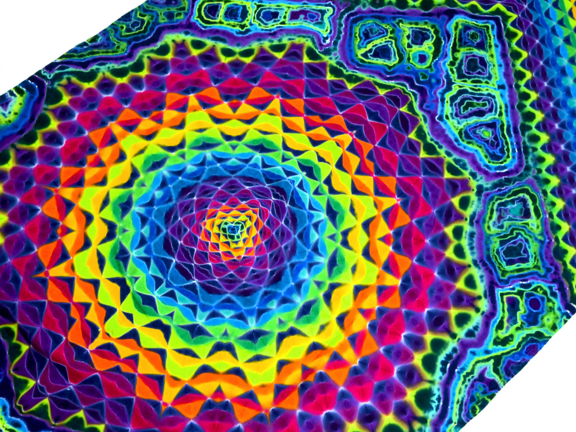 “Quantum” 55" x 32" Tie Dye Tapestry w/ Tie Loops - Rainbow Honeycomb & Dodecahedron Mandala w/ Neon Geodes