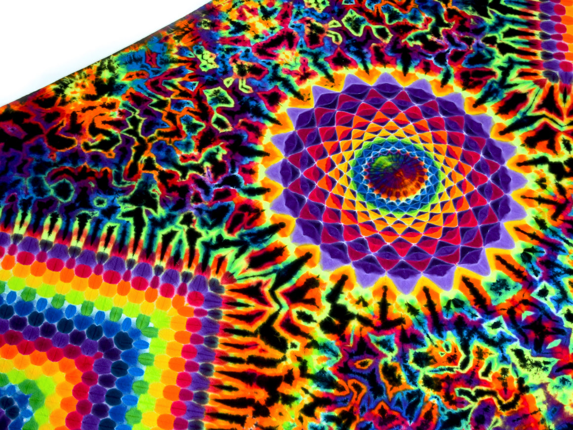 52" x 33.5" Tie Dye Tapestry - Rainbow Mandala/Honeycomb Scrunch Combo