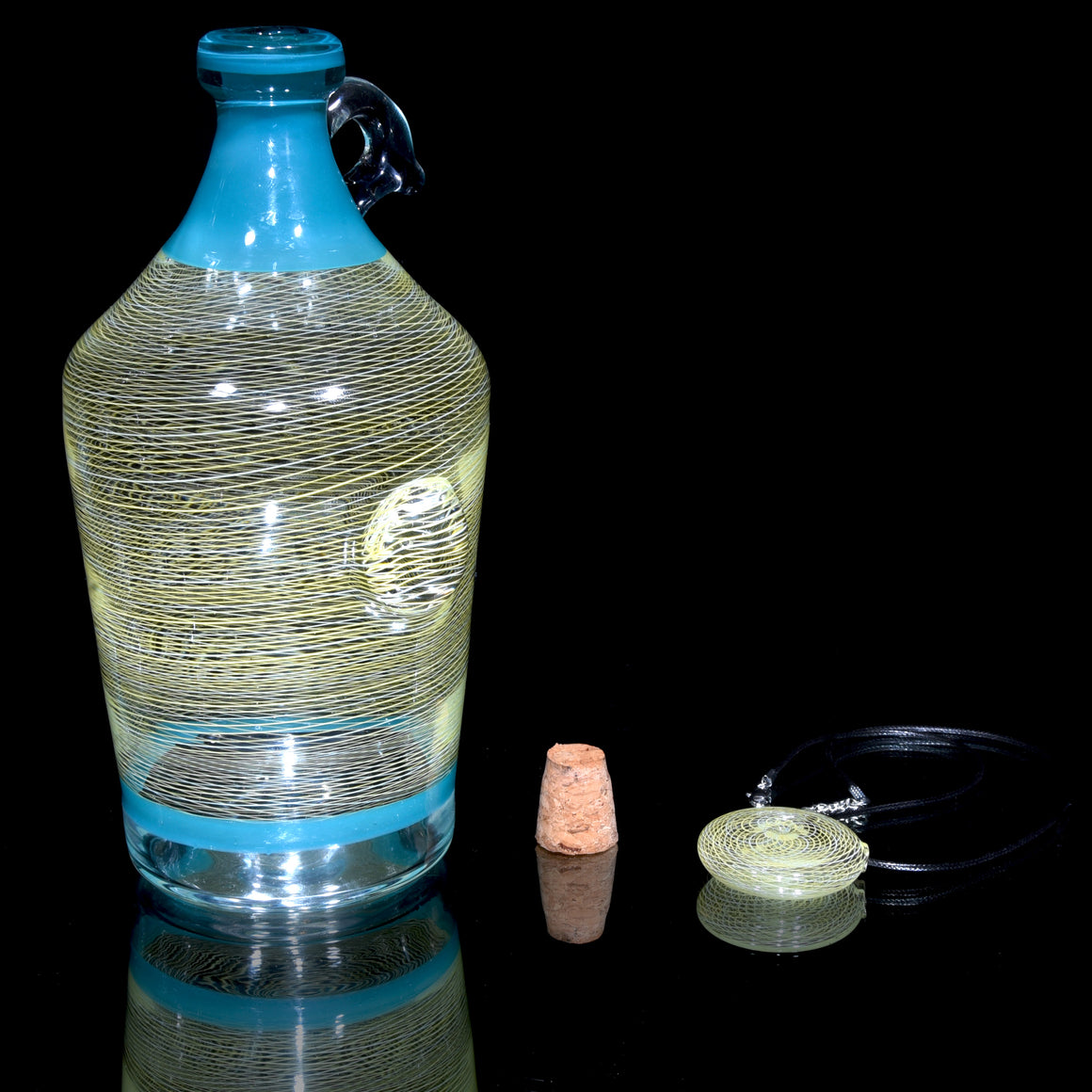 Worked 36oz Capacity Moonshine Jug #4/Matching Pendant Set - Aqua/Yellow Reti